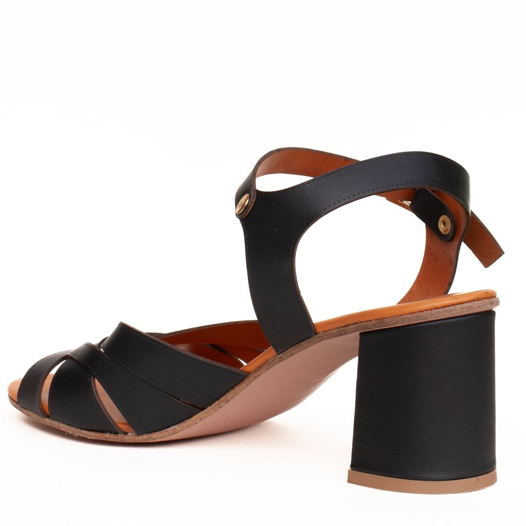 Sandali neri tacco largo in pelle Made in Italy