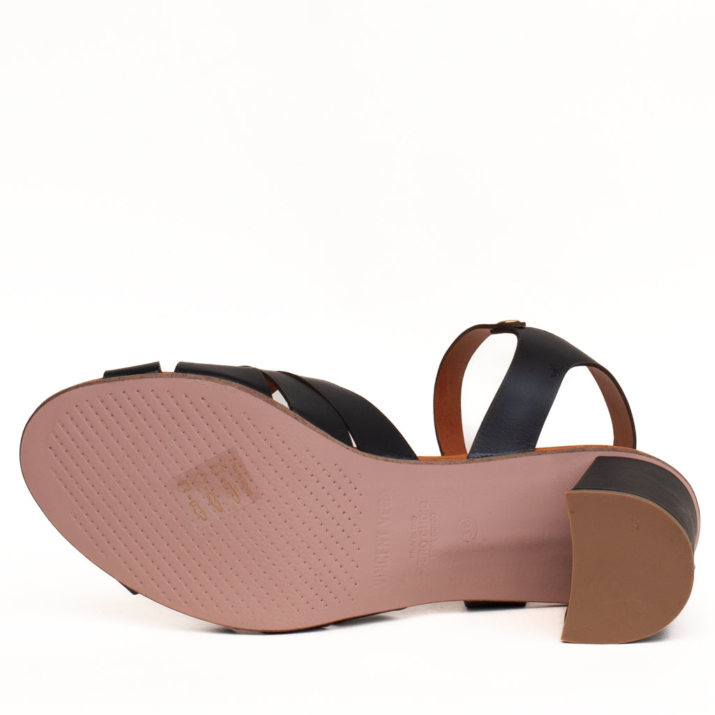 Sandali neri tacco largo in pelle Made in Italy