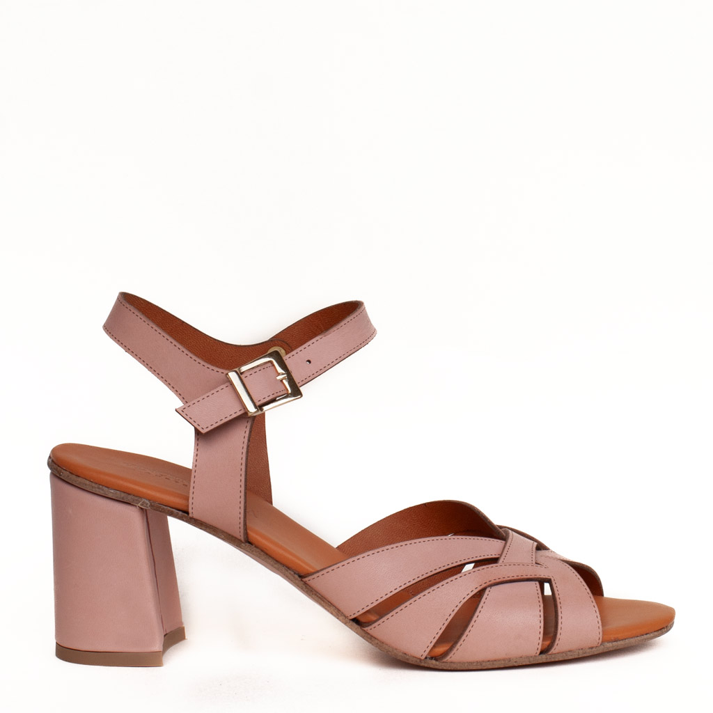 Pink leather sandals with a wide heel, Made in Italy