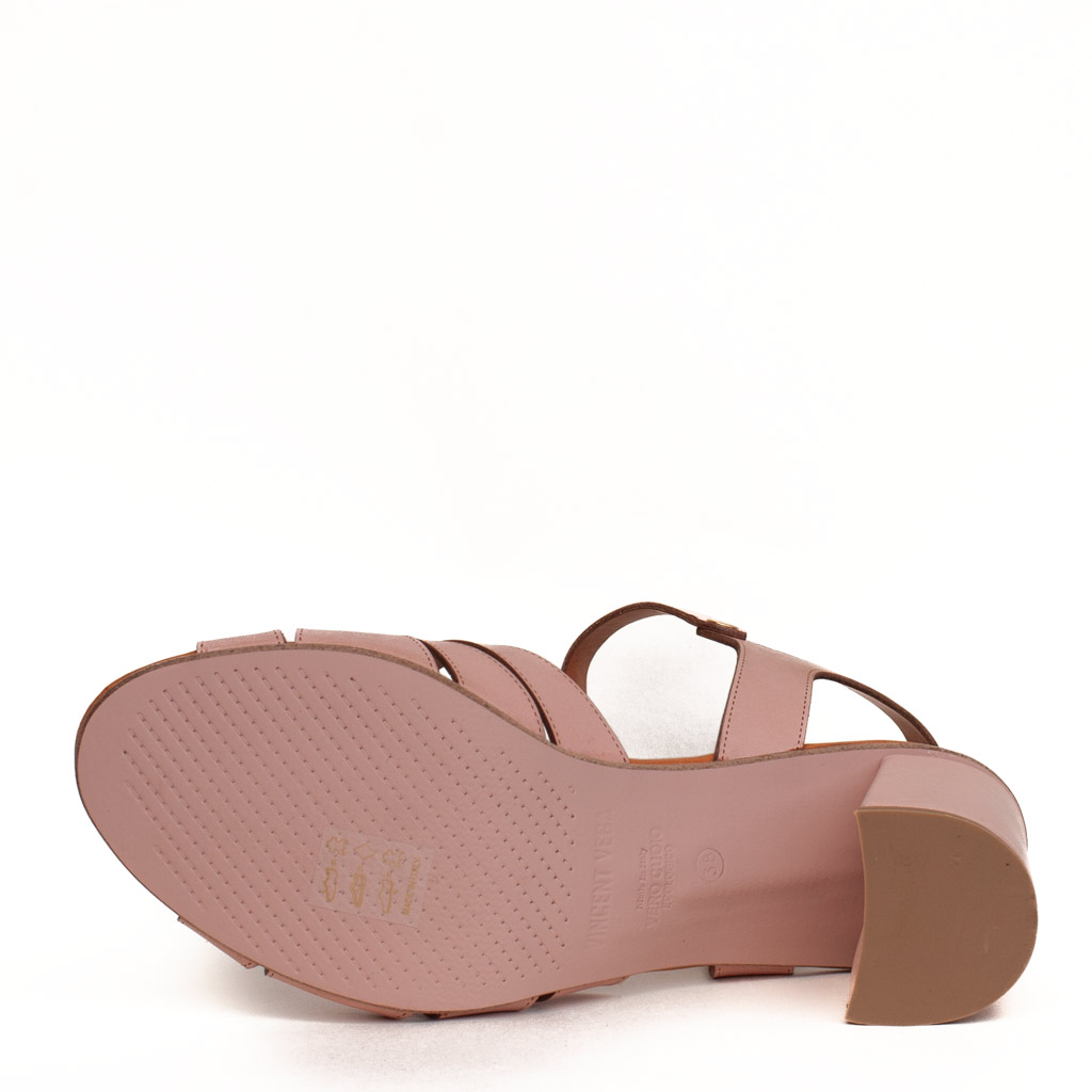 Pink leather sandals with a wide heel, Made in Italy