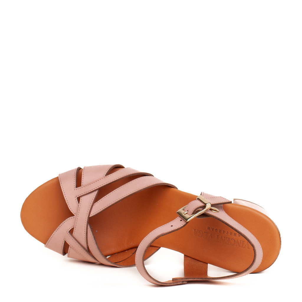 Pink leather sandals with a wide heel, Made in Italy
