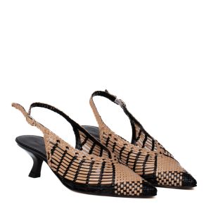 Sandali Slingback Intrecciati Pelle bicolore nero e beige con tacco 6 cm