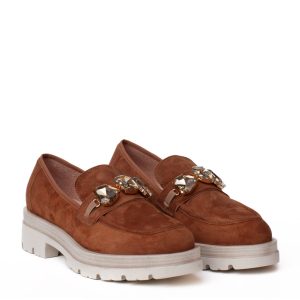 Brown suede moccasin with rhinestones, a white track sole and a leather lining