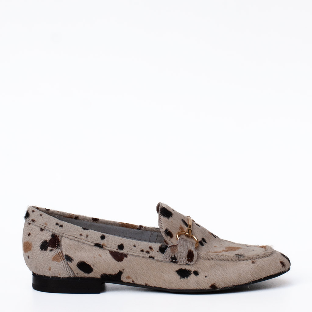Cow-print pony-skin loafers with a gold clasp