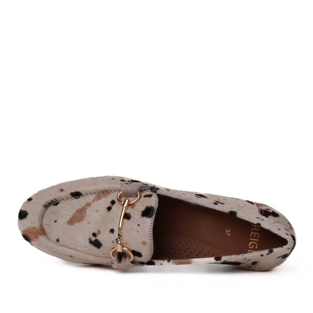 Cow-print pony-skin loafers with a gold clasp