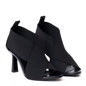 Zinda black elasticated sandal with a spool heel and patent leather trim