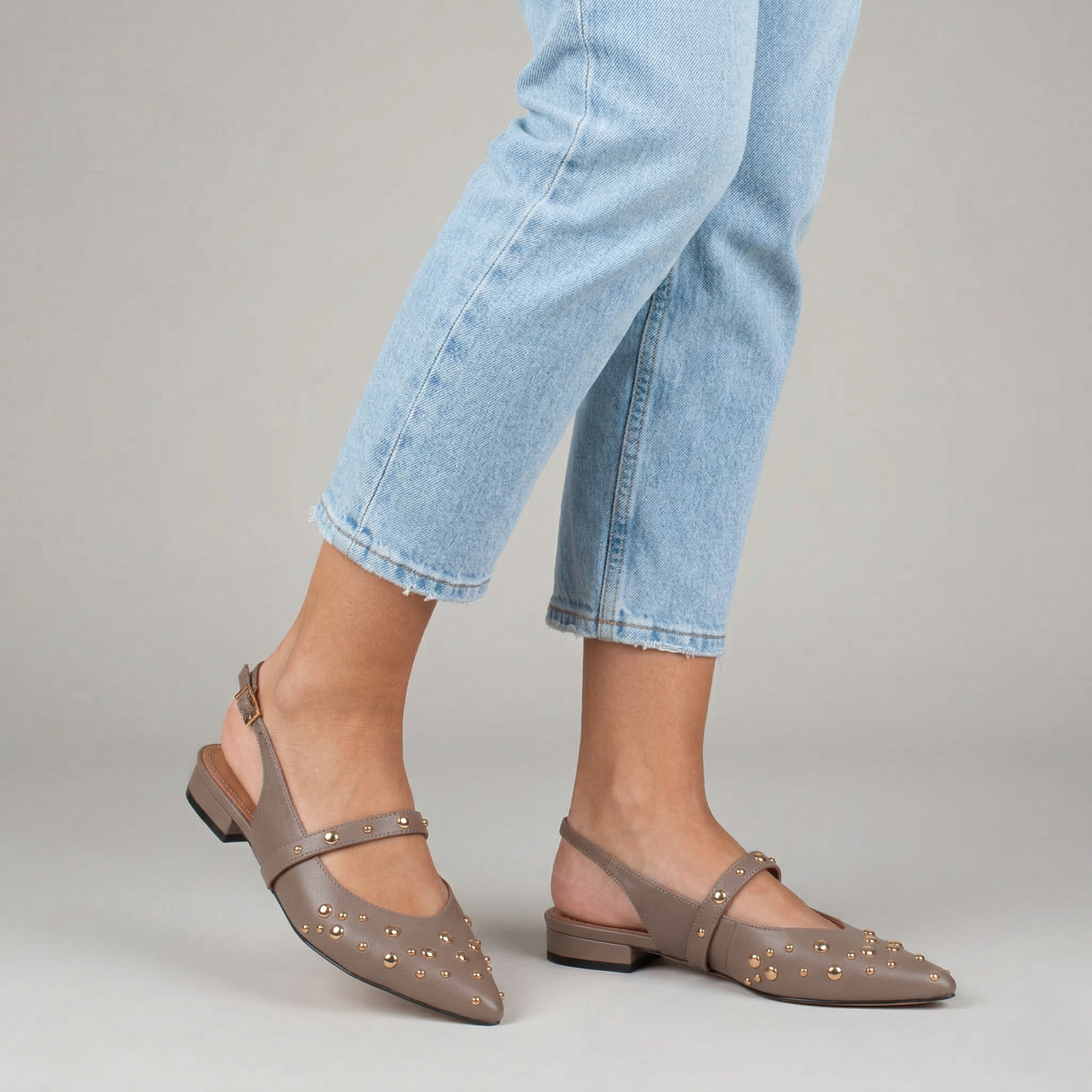 Slingback Low-Heeled Studded Leather Shoes
