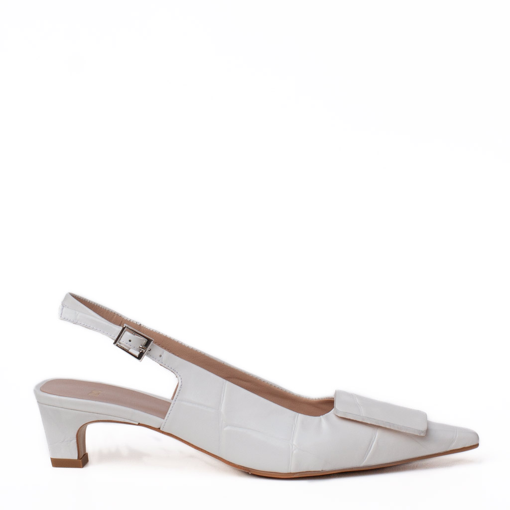 Zinda white crocodile-print slingbacks with a low heel