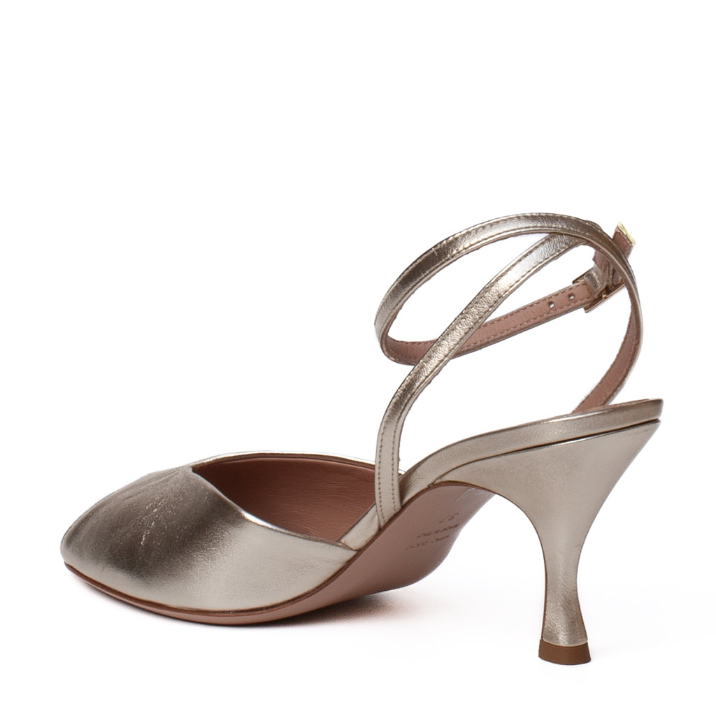 Gold sandals with a spool heel in metallic nappa leather