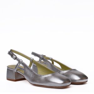 Scarpa modello slingback argento tacco largo in pelle laminata Cervone