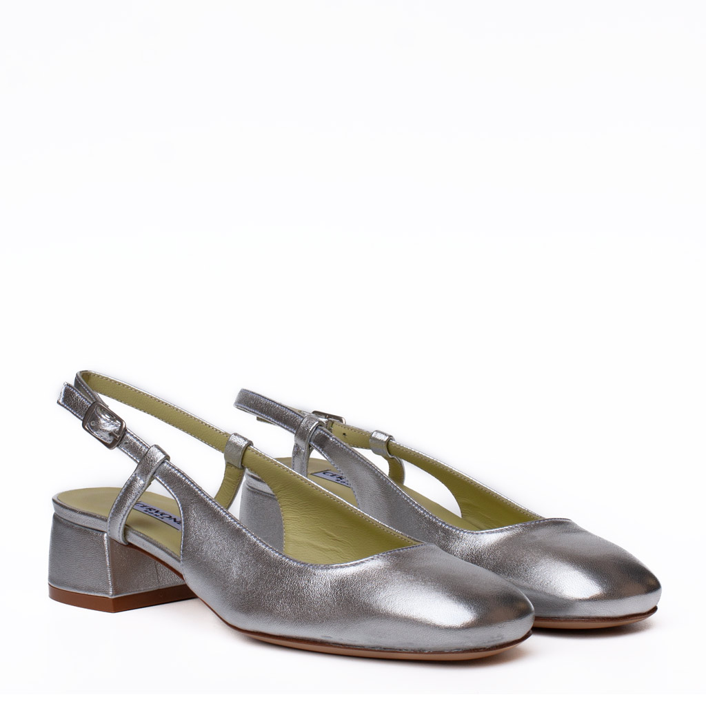 Cervone silver slingback shoes with a wide heel, in laminated leather