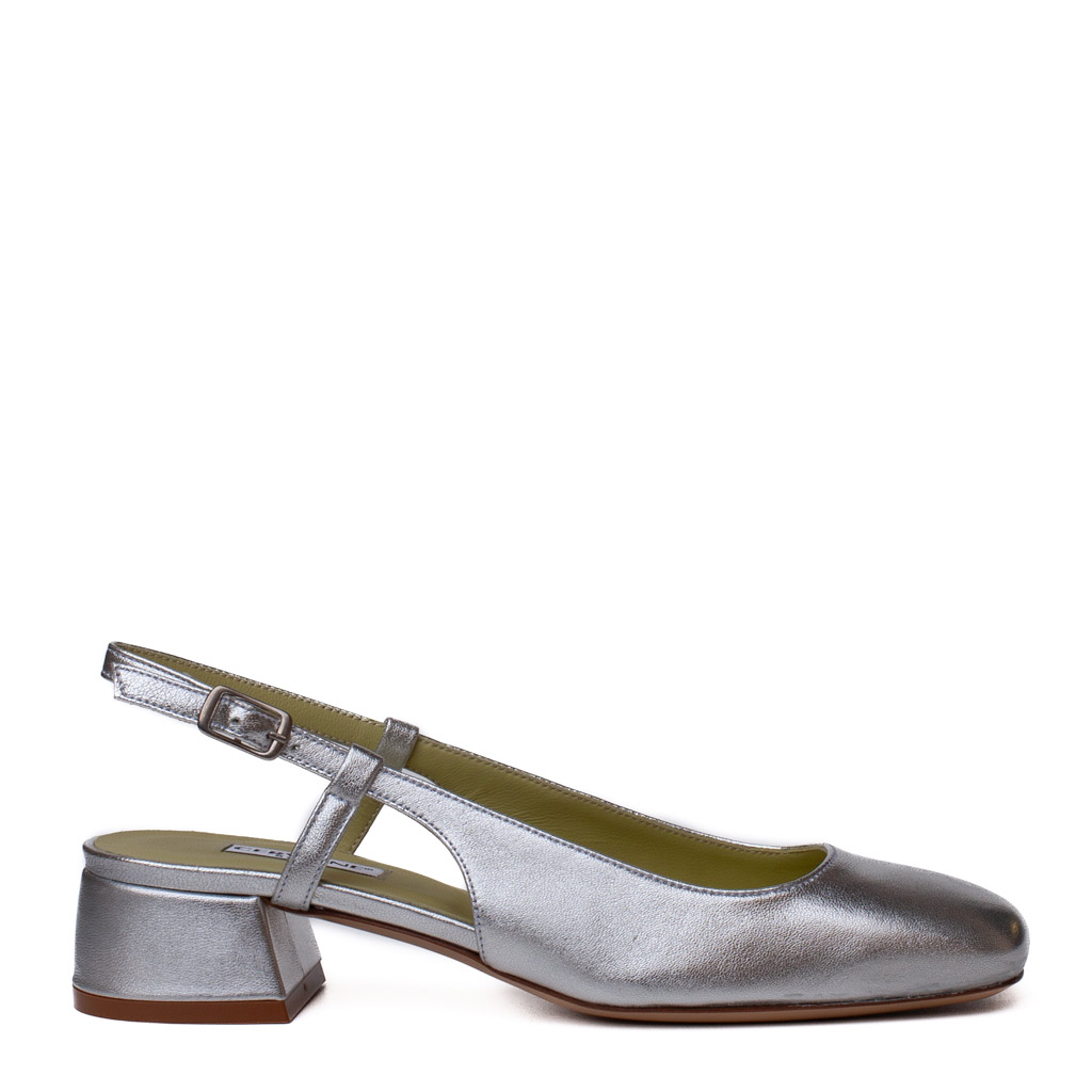 Cervone silver slingbacks with a wide heel