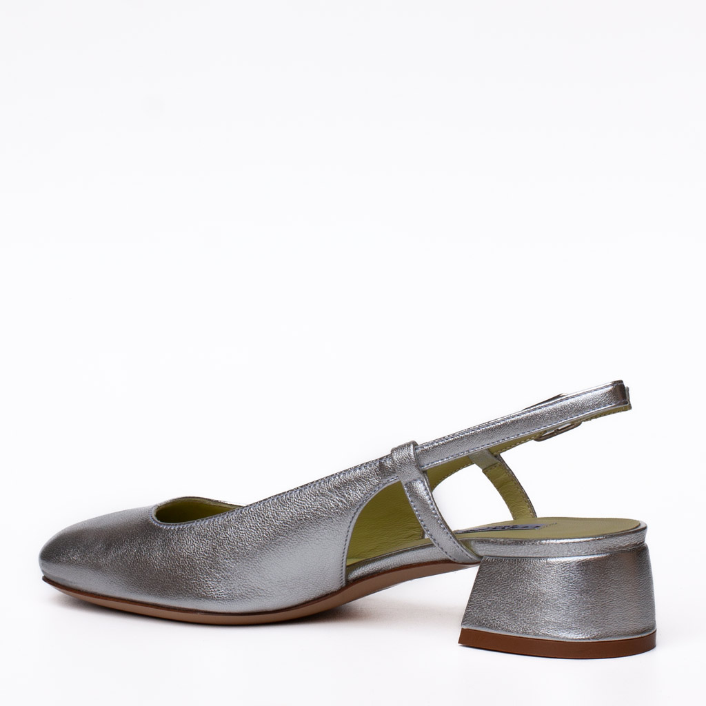 Cervone silver slingbacks with a wide heel
