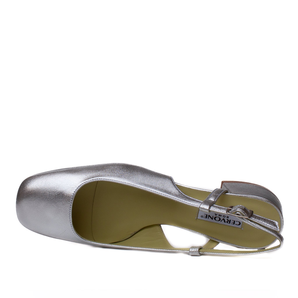 Cervone silver slingbacks with a wide heel