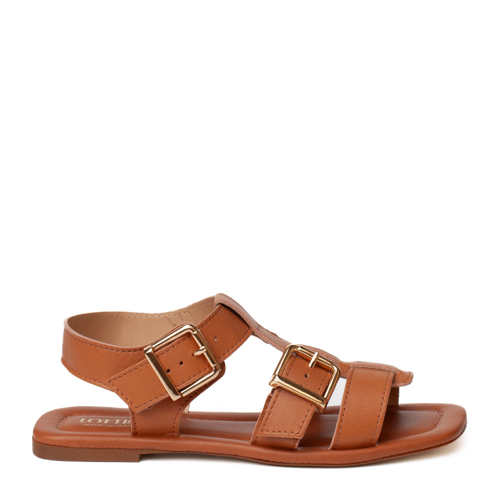 Sandalo basso cuoio fibbie in vera pelle Made in Italy