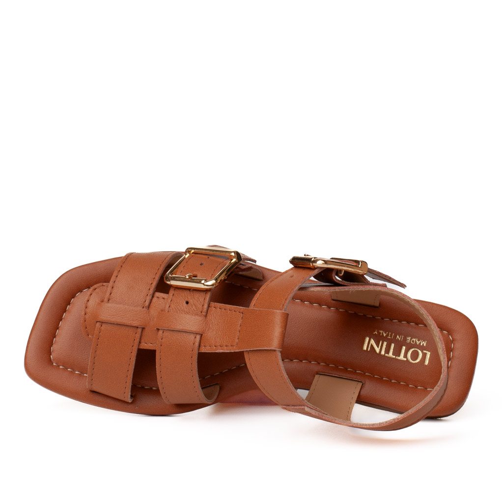 Sandalo basso cuoio fibbie in vera pelle Made in Italy