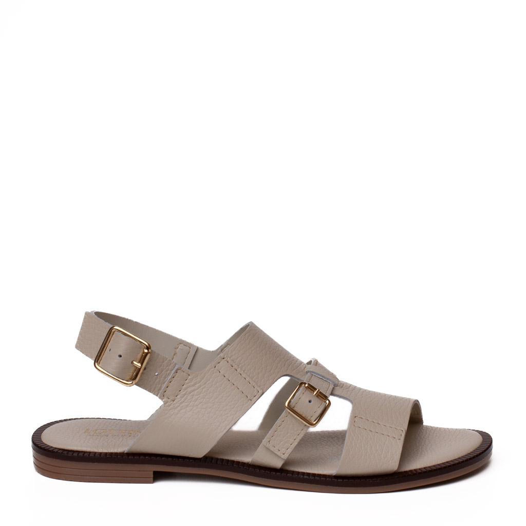 Sandalo basso in nappa beige con fibbie dorate