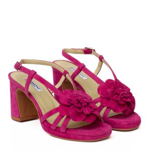 Sandalo camoscio fucsia Cervone con decoro a fiore e tacco largo