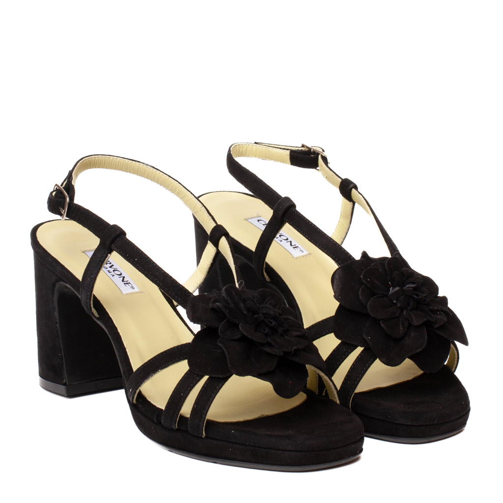 Cervone black suede sandals with floral detailing and a chunky heel