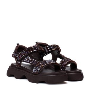 brown women’s platform sandals with rhinestones