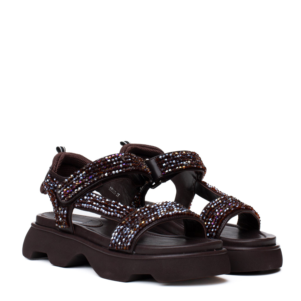 brown women’s platform sandals with rhinestones