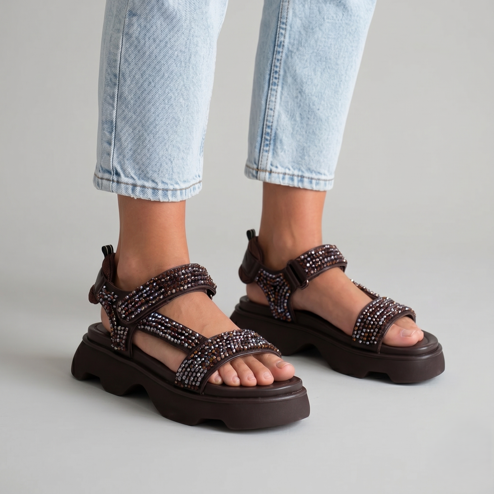 sandali platform donna marroni con strass