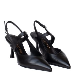 Black leather pointed-toe slingback shoes by Silvia Narese, with a spool heel and an adjustable strap.