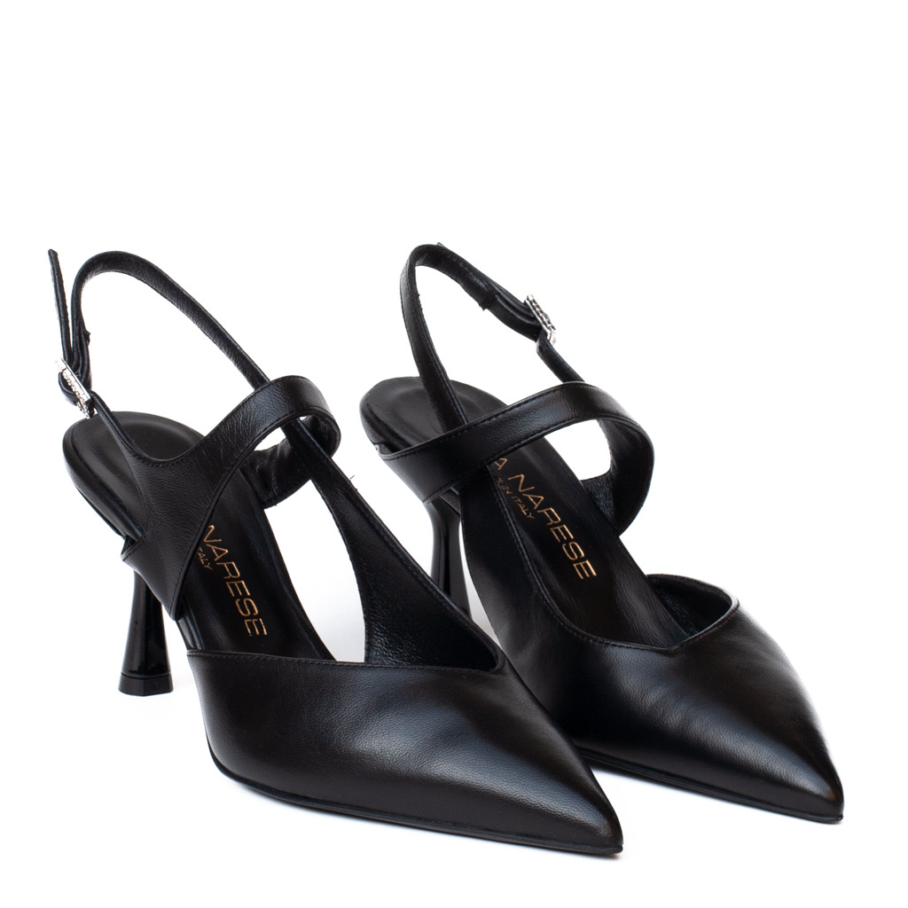Black leather pointed-toe slingback shoes by Silvia Narese, with a spool heel and an adjustable strap.