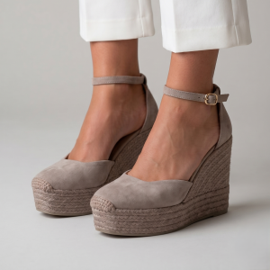 Espadrillas zeppa camoscio grigio modello Sasia Gaimo con lacci alla caviglia e suola in corda.