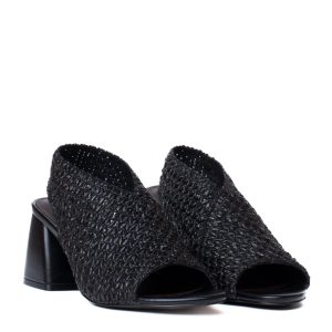 Jeannot black raffia sandal with a wide heel and open toe