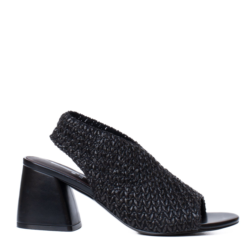 Jeannot Black Raffia Sandal with Wide Heel