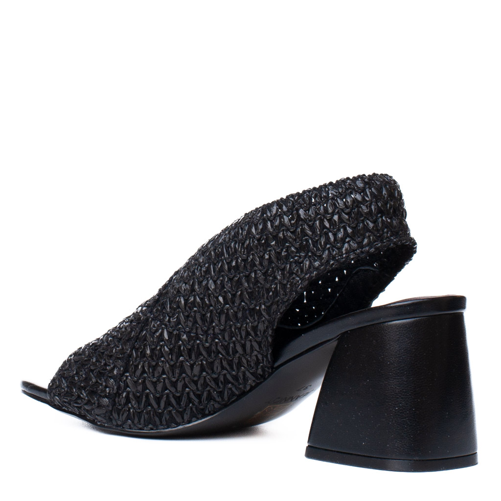 Jeannot Black Raffia Sandal with Wide Heel