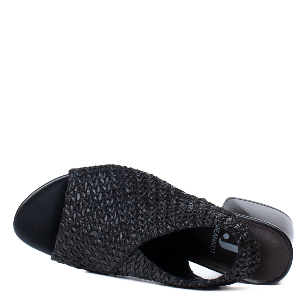 Jeannot Black Raffia Sandal with Wide Heel