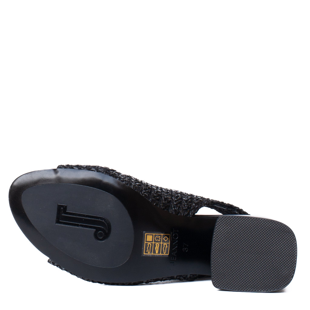 Jeannot Black Raffia Sandal with Wide Heel