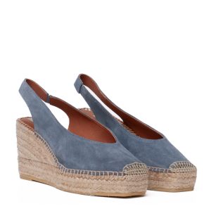 espadrillas zeppa camoscio azzurro con punta quadrata e cinturino posteriore.
