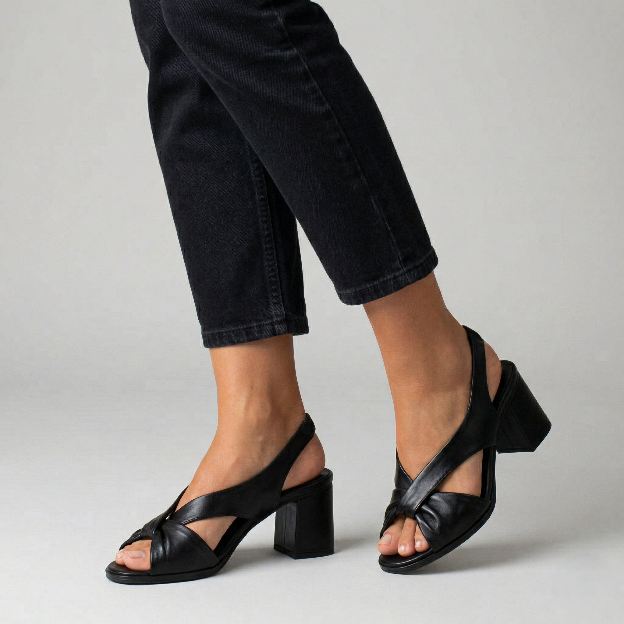 Dansi black leather mid-heel sandals