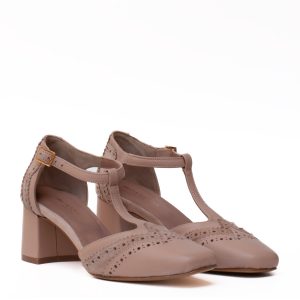 Powder-pink leather shoes with a wide heel and a T-strap detail.