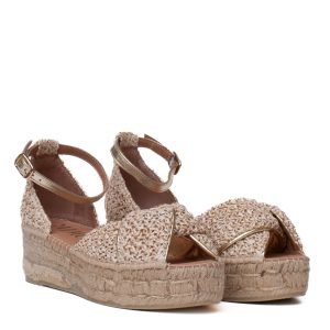 Sandalo con zeppa in juta Gaimo in rafia intrecciata color platino e naturale.