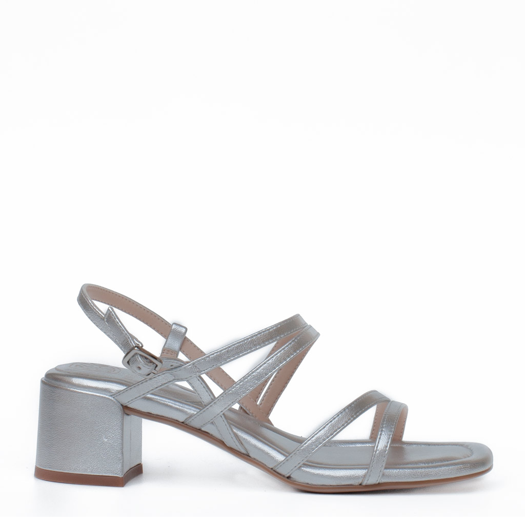 Unisa Kalma silver leather sandals with a wide heel