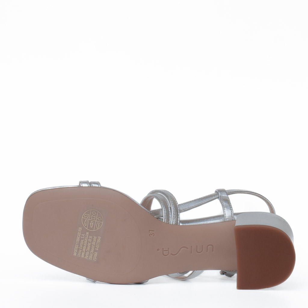 Unisa Kalma silver leather sandals with a wide heel