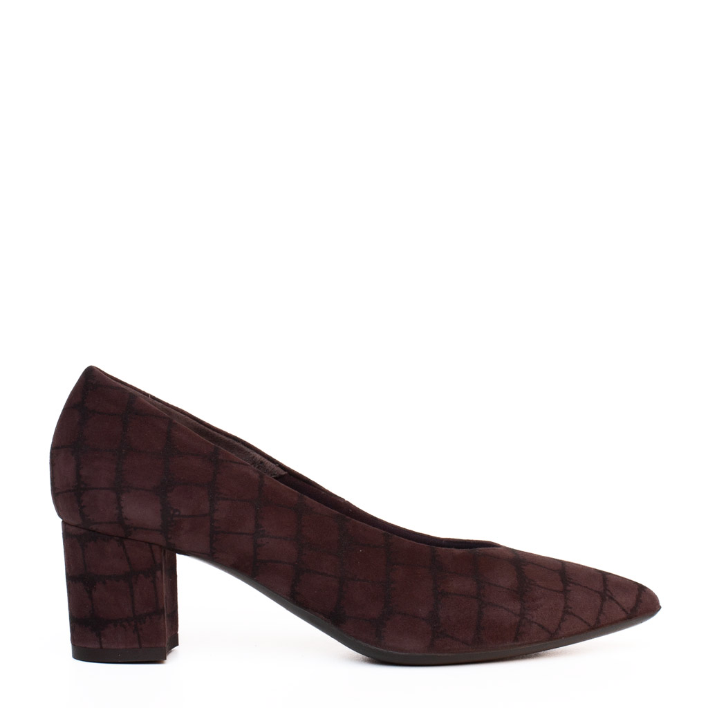 Scarpe Décolleté Tacco Largo in Camoscio Marrone Geometrico