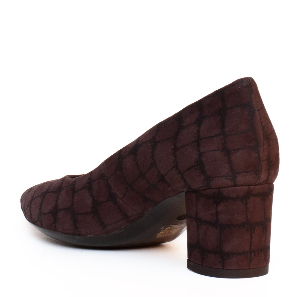 Scarpe Décolleté Tacco Largo in Camoscio Marrone Geometrico
