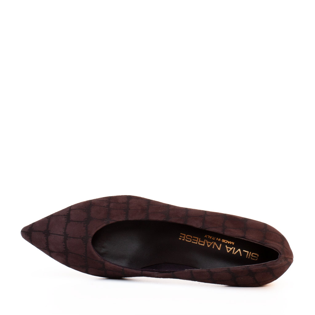 Scarpe Décolleté Tacco Largo in Camoscio Marrone Geometrico