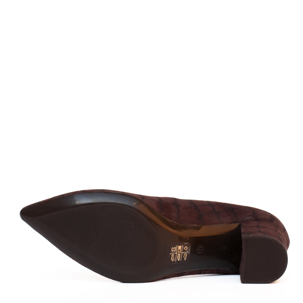 Scarpe Décolleté Tacco Largo in Camoscio Marrone Geometrico