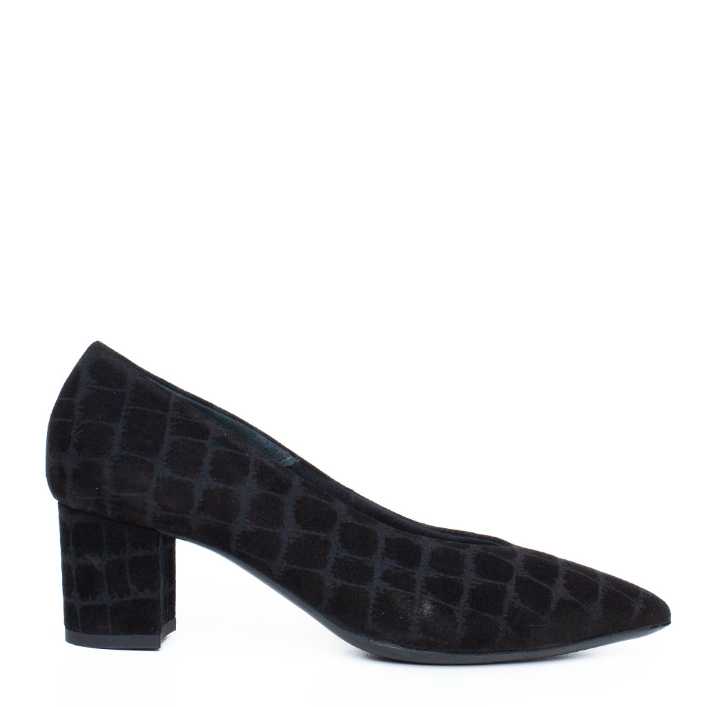 Scarpe Décolleté Tacco Largo in Camoscio Nero Geometrico