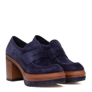 Mocassino con plateau blu in camoscio Pons Quintana Olivia con tacco largo