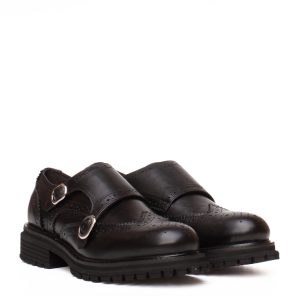 carpe monk strap donna in pelle nera con dettagli brogue e doppia fibbia