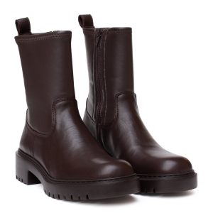 Stivaletto biker marrone Unisa Guido in pelle con suola carrarmato e gambale stretch