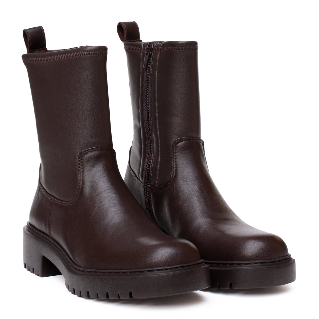 Stivaletto biker marrone Unisa Guido in pelle con suola carrarmato e gambale stretch