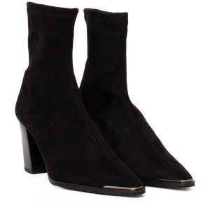 Stivaletto camoscio elasticizzato nero con tacco largo e punta metallica